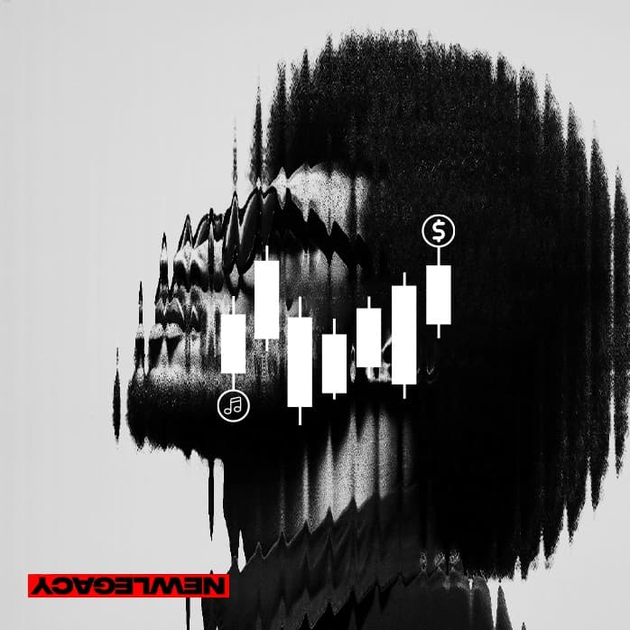 Glitched portrait overlaid with a rising candlestick chart